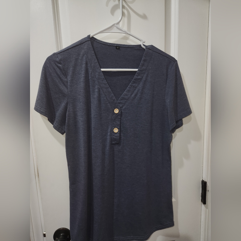 Navy V-Neck T-Shirt with Button Detail